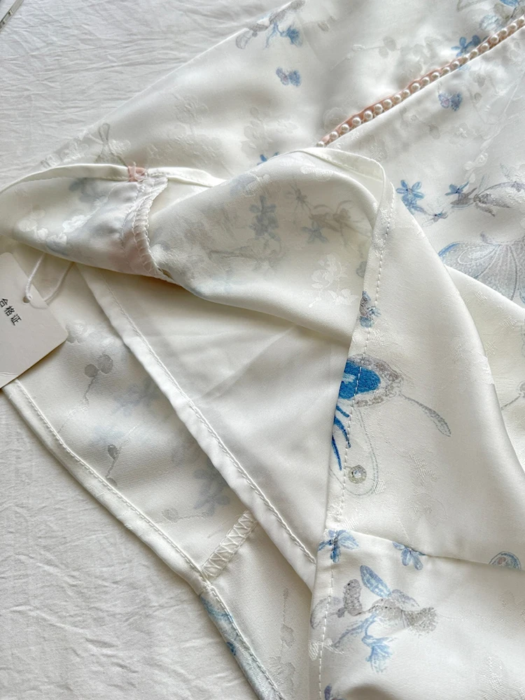 Vintage Pearl Decorated Women's Sleeveless Cheongsam Mini Dress Chinese Traditional Print Halter Neck Side Slit Qipao Dress