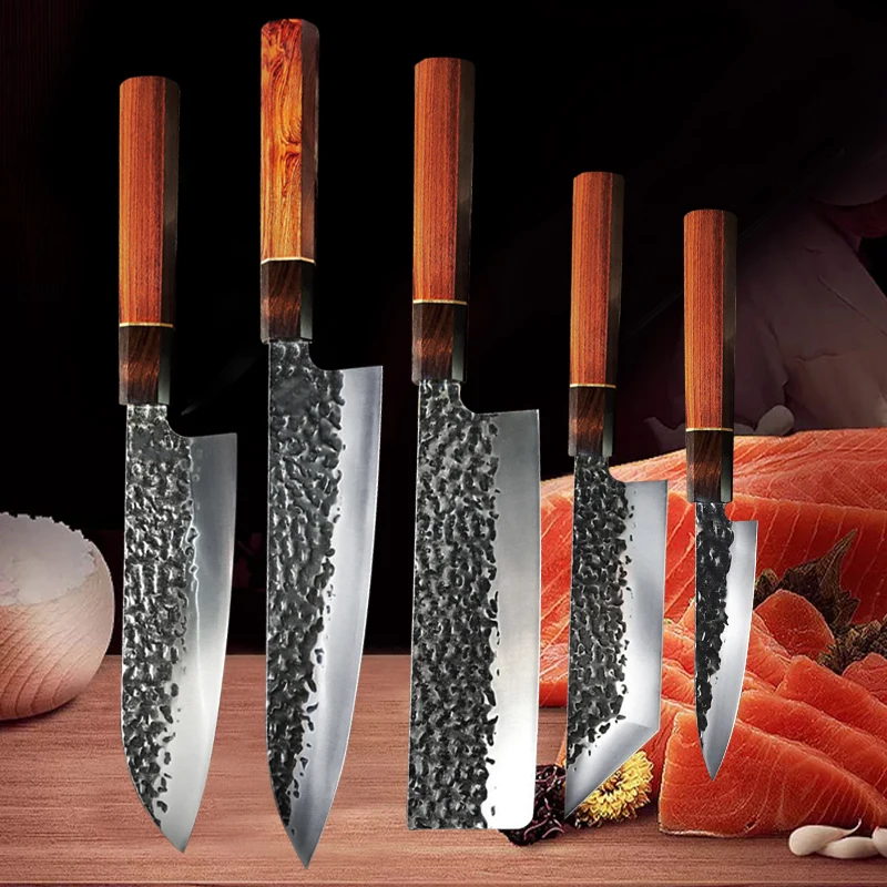 NONE Japanische Küchenmesser Gehämmertes Kochmesser 90Cr18MoV Edelstahl Santokumesser Fleischbeil Lachs Sushi Schneidemesser 10