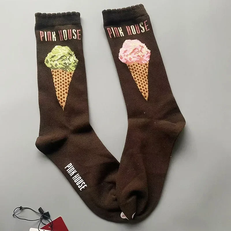 1 pair of women's pink ice cream socks, black blue chocolate creative socks