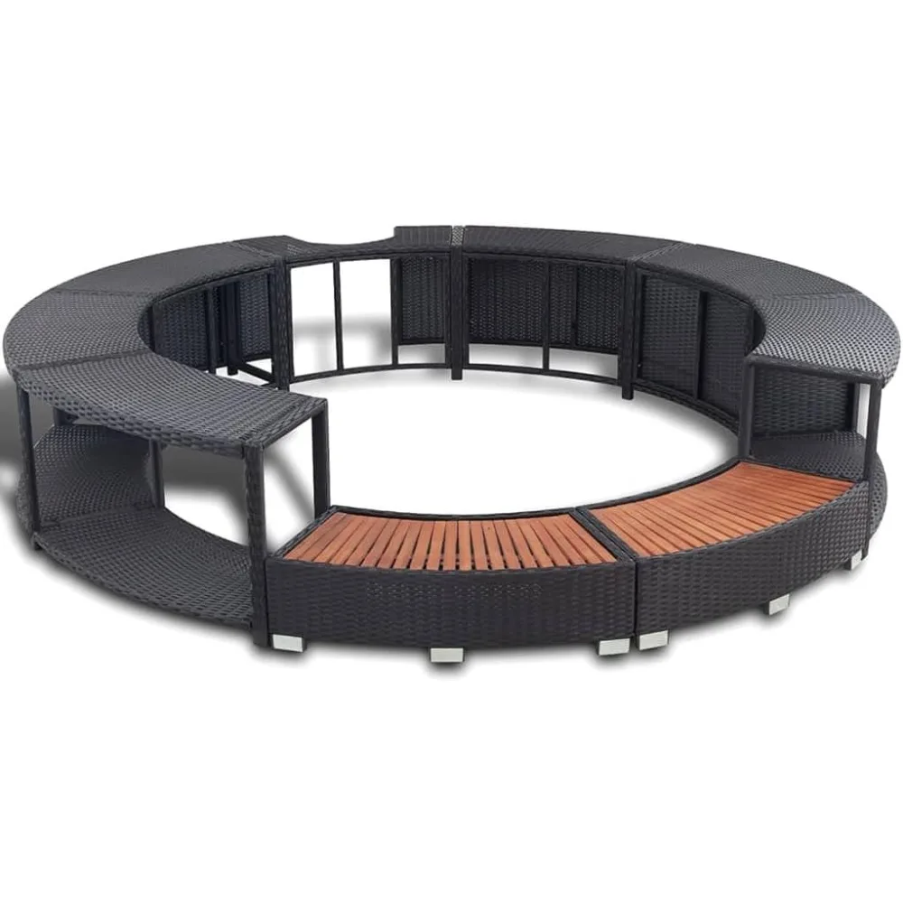 Inflatable Hot Tub Spa Step and Surround Desk,Black Poly Rattan,Outdoor Round Massage Hot Tub Frame for Garden, Backyard