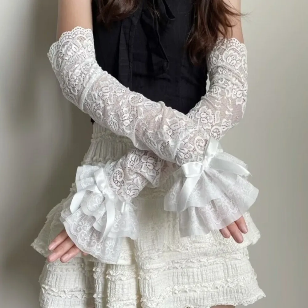 

Breathable Bow Lace Sleeves Lolita Elastic Sun Protection Sleeve Loose Anti-UV Long Sleeved Arm Cover Cycling