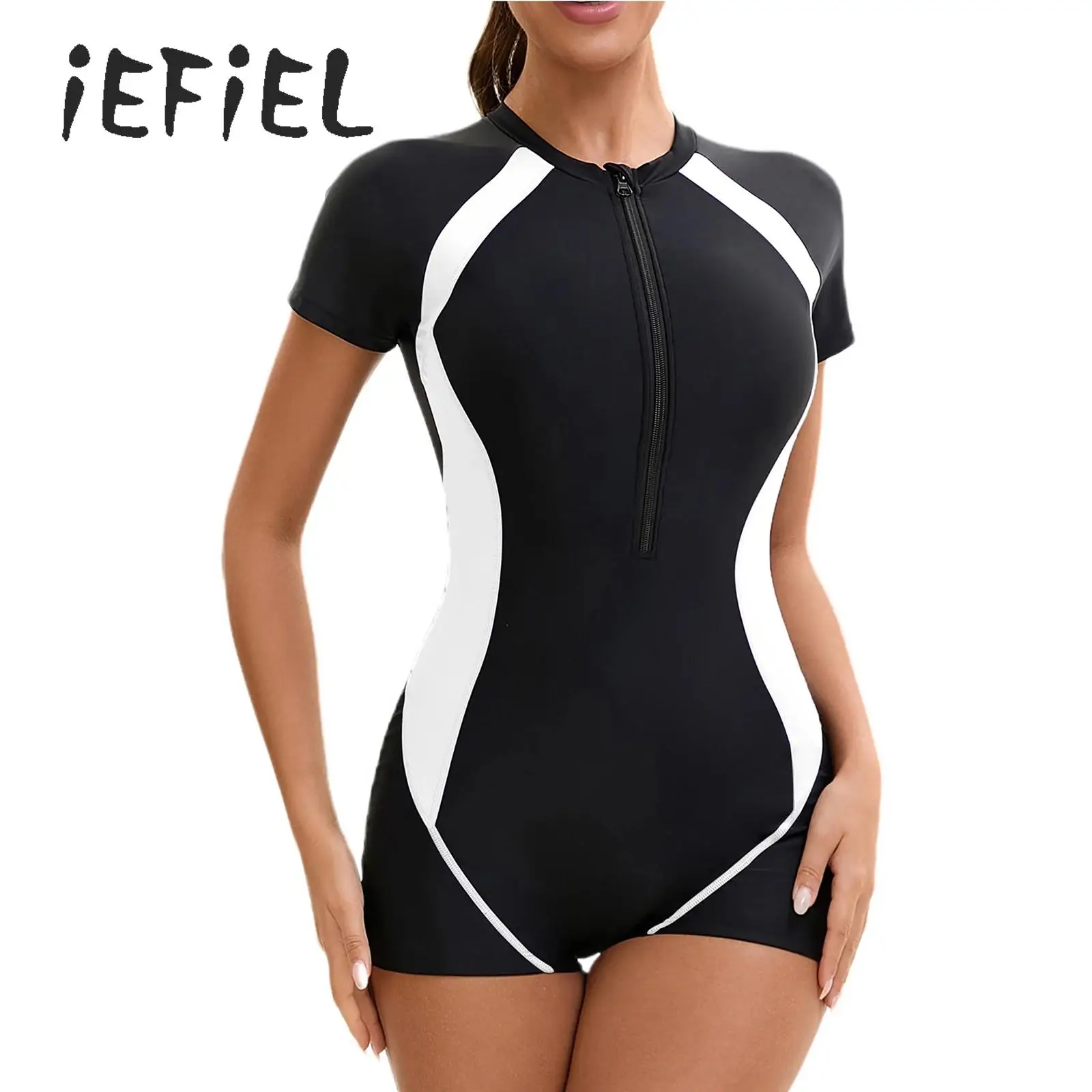 

Womens Shorty Unitard Swimsuit Swimwear One Piece Athletic Zip Short Sleeve Bodysuit Jumpsuit Swimming Costume for Beach Pool