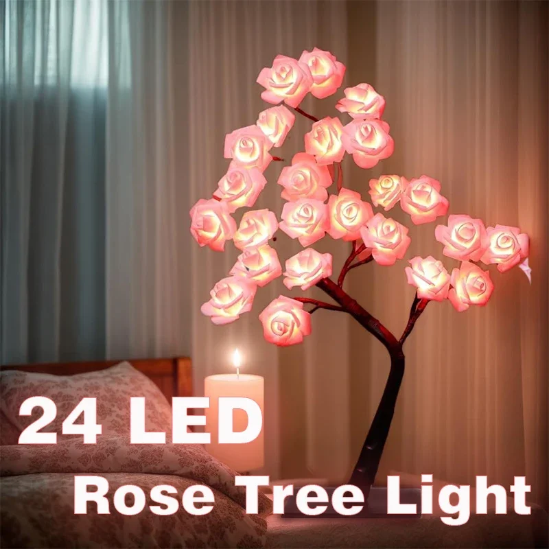 

24 LED Rose Tree Lamp,USB Powered Rose Flower Night Light,PHalloween Christmas New Year,Ideal Bedroom & Tabletop Decoration,Gift
