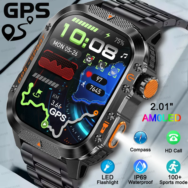 

2025New T-REX3 Military GPS Smart Watch 3ATM Waterproof 2.01inch HD AMOLED Compass LED Flashlight NFC Bluetooth Call Sport watch