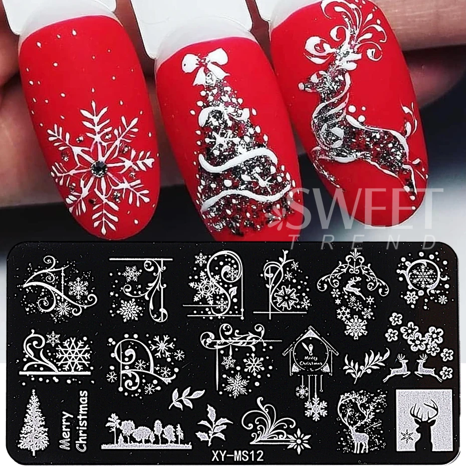 4pcs Christmas Nail Stamping Plates Snowflake Bow Gloves Elk French Drawing Template Nail Polish Manicure Printing Stencils Tool