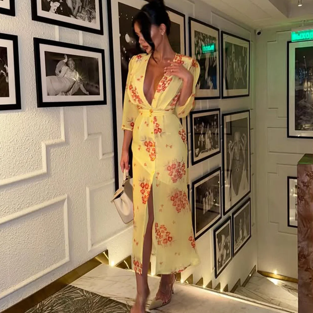 عميق الخامس الرقبة طباعة فستان ماكسي مثير للنساء سليم الفخذ سبليت عالية الخصر أنيقة موضة فستان مناسبات الإناث فيستدو