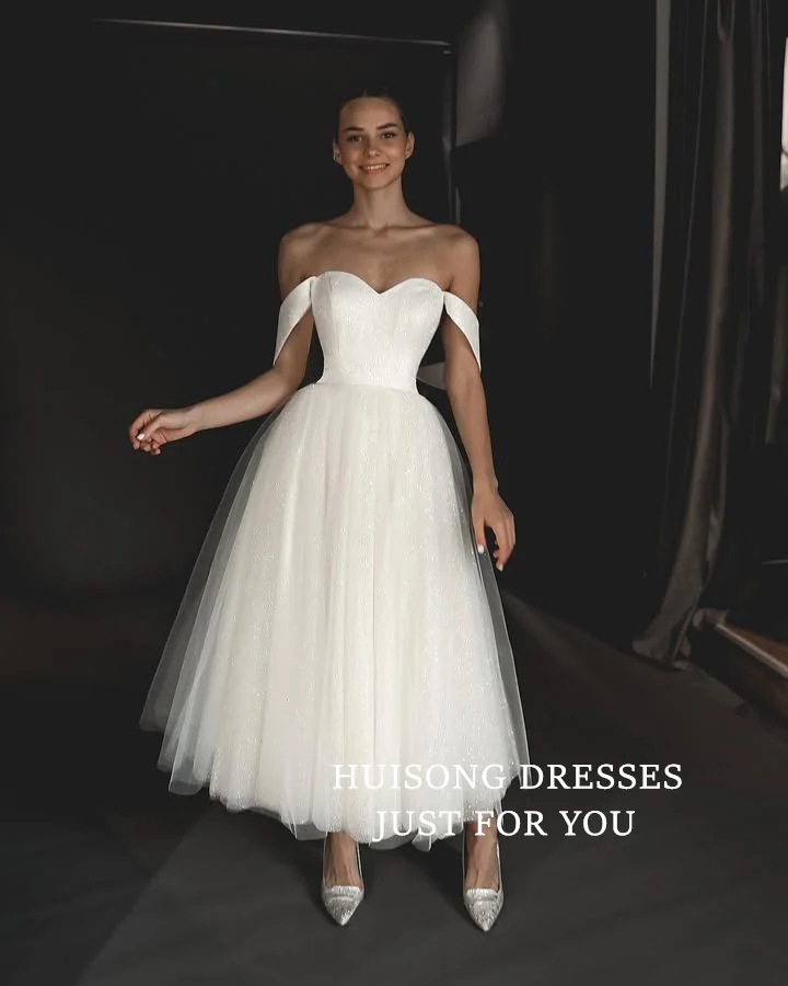 

HUISONG Customized Vestidos De Novia Midi Wedding Dresses Off Shoulder Sleeveless A-Line Tea-Length Beach Civil Bridal Gown