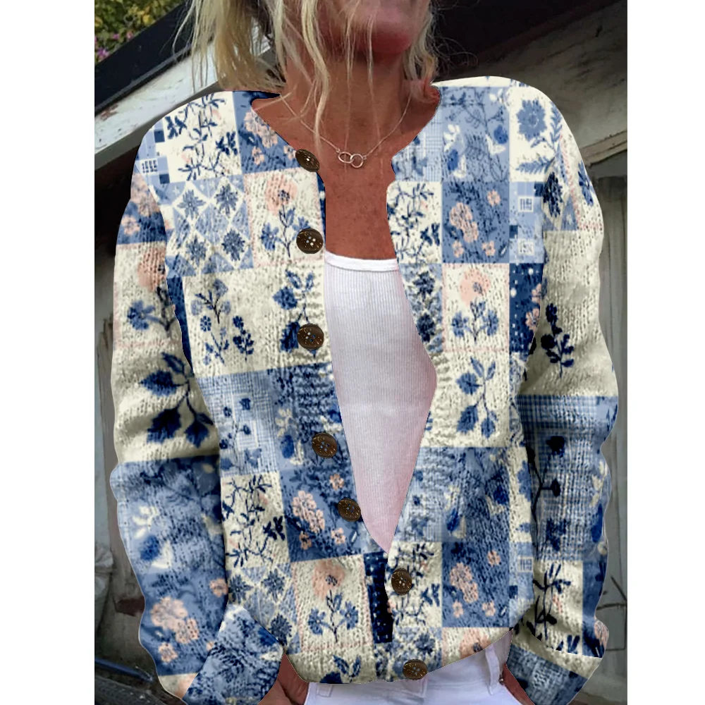 

Autumn Winter Knitted plaid floral Cardigan Casual Sweater Streetwear Women Sweaters Knit Top Cool Jumpers Fashion