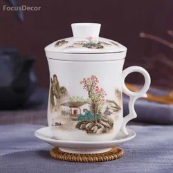 Chinese Tea-Mug with Strainer Infuser and Lid and Saucer Ceramic Tea Mug Convenient System Chinese Porcelain Personal Tea Cup 11