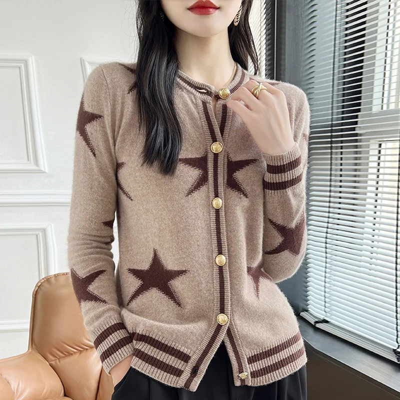 Autumn Winter New 100% Wool Women Clothing Fashion Round Neck Knitted Cardigan Casual Loose Embroidered Tops Long Sleeve Sweater