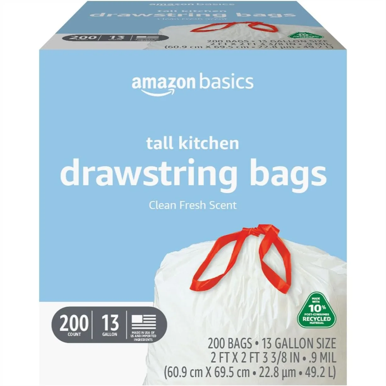 

Tall Kitchen Drawstring Trash Bags, 13 Gallon with Fresh Scent, Recycled Material, 200 Count for Clean and Convenient Home Use