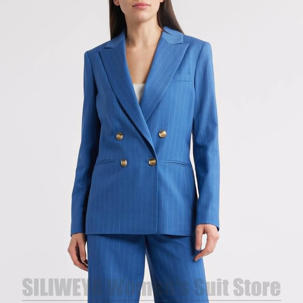 Chic Striped Women's Suit Double Breasted Peak Lapel Wear Elegant Formal Office Lady Smart Casual Stylish Two Piece Outfit