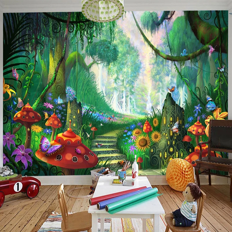 Papel tapiz Mural personalizado 3D, pintura de pared de seta de bosque de dibujos animados, revestimiento de pared de foto ecológico para dormitorio