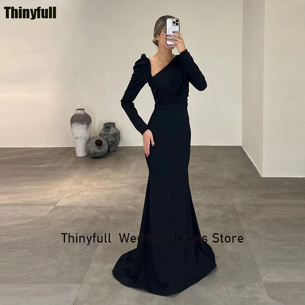 

Thinyfull Black Mermaid Elegant Evening Party Dresses Long Sleeves Prom Dress Saudi Arabia Formal Occasion Gown Robe De Soirée