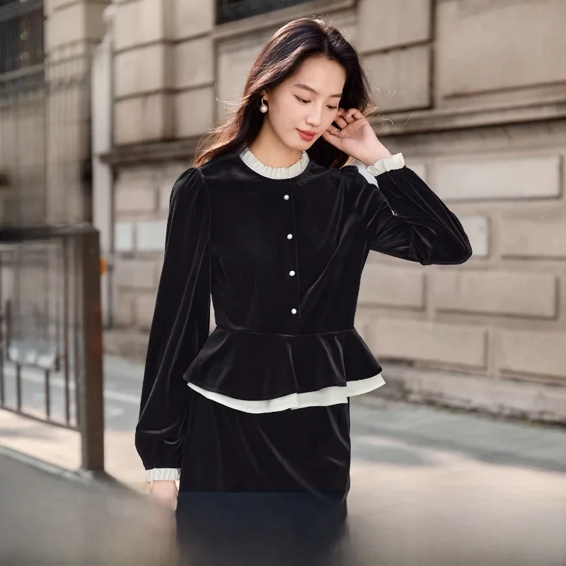 

Color Block Velvet Top And Skirt Set with Pearl Trim round Neck Waist Cinched Straight Tube Skirt Long Sleeve Commute Style