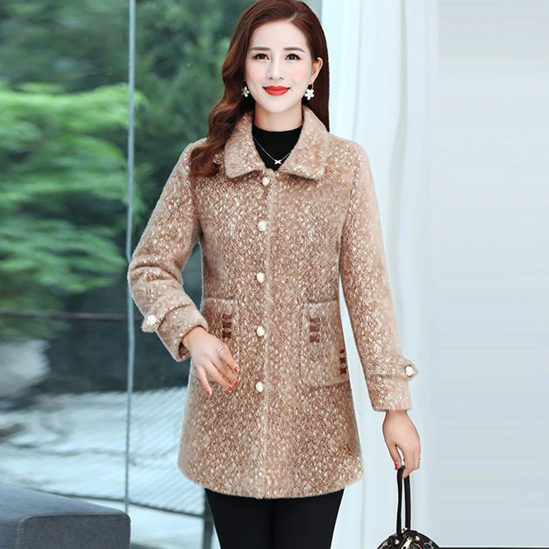 

New Middle-Aged Women Woolen Jacket Imitate Goldmink Long Woolen Coat Female Thicken Loose Parker Overcoat Casual Warm Outerwear