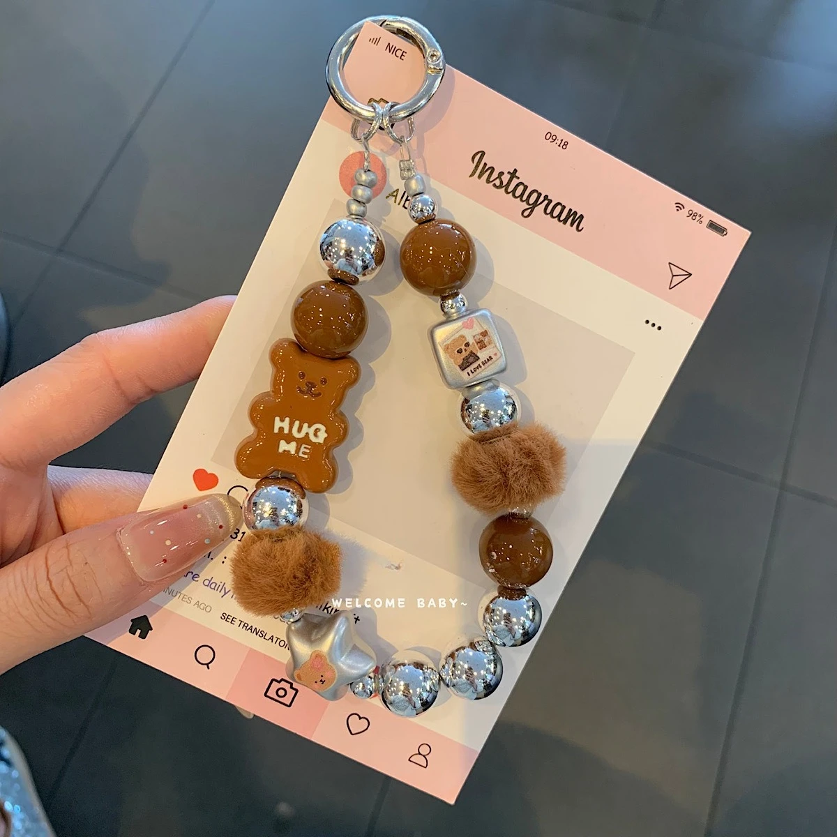 Korean Plush Bear Phone Chain Cute Pattern Short Handheld Chain Square Bead Wrist Strap with Clip for Phone Case Short Portable
