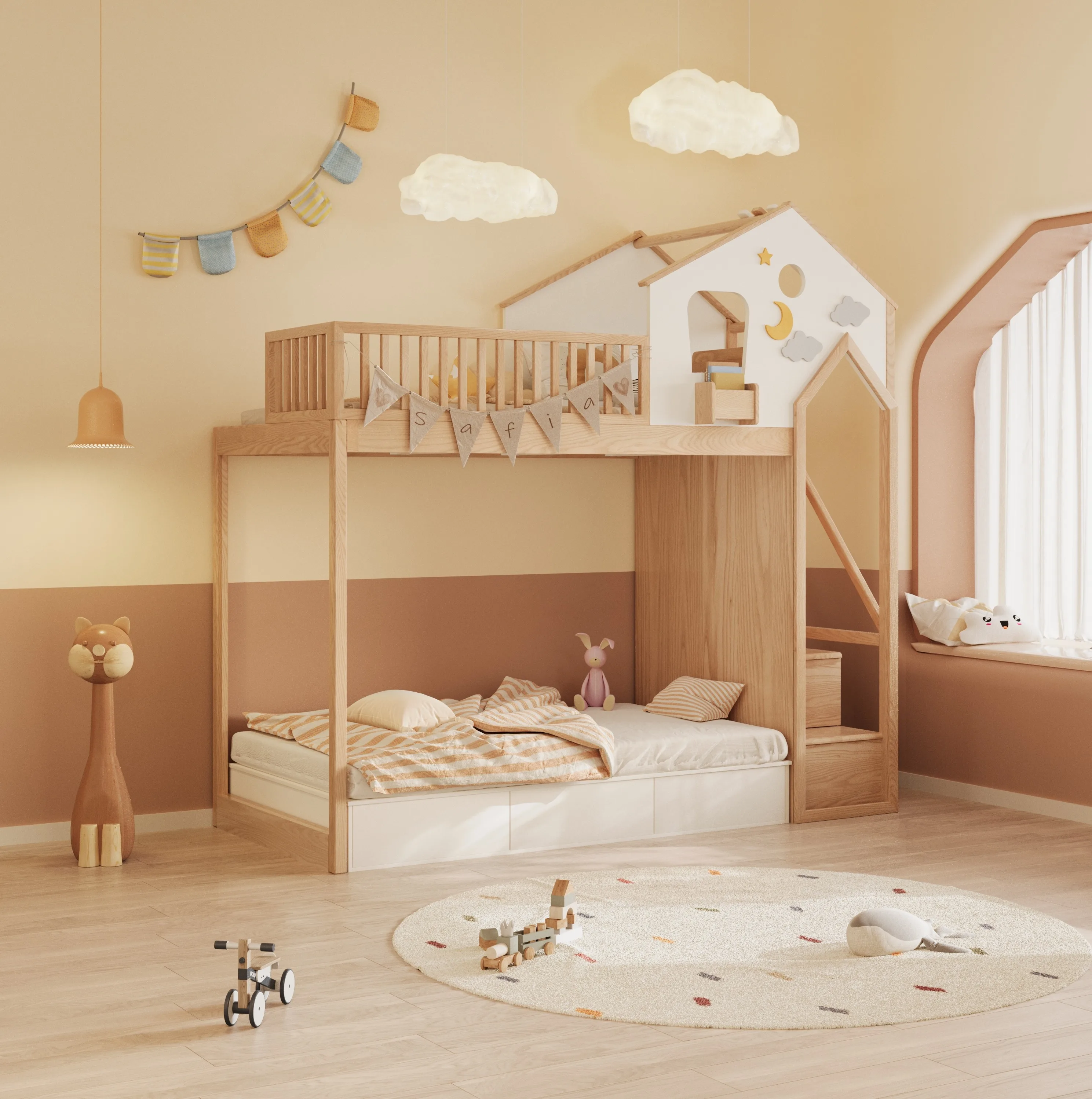Massief houten kinderbed, boomhutbed, verhoogd bed met glijbaan, stapelbed voor moeder en kind, stapelbed met hoge reling