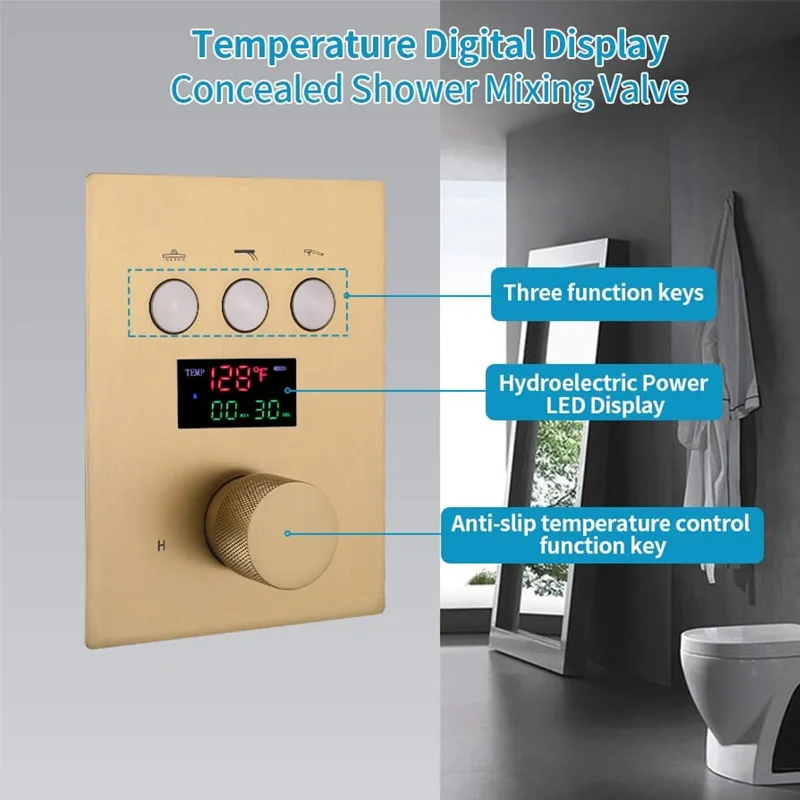 صمام خلط ثرموستاتي ثلاثي الاتجاه من النحاس الذهبي المصقول، صمام تحويل الدش 3 وظائف #2