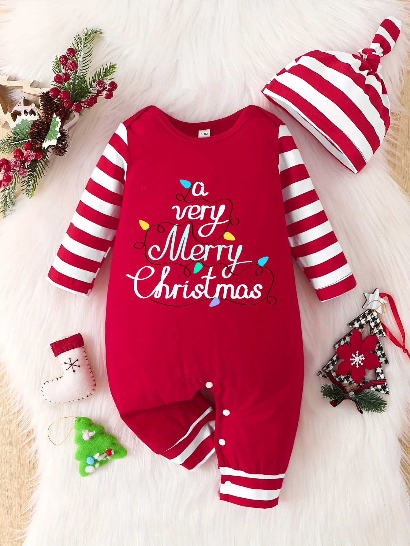 New baby and toddler cute Christmas print striped long sleeved open cut jumpsuit for both men and women