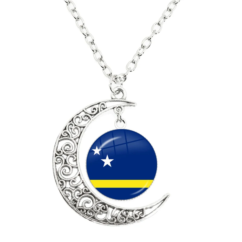 Malaysia, Usa, Denmark, Norway, Sweden, Nation Flag Moon Necklace Glass Cabochon Pendant For Girls Gift Jewelry