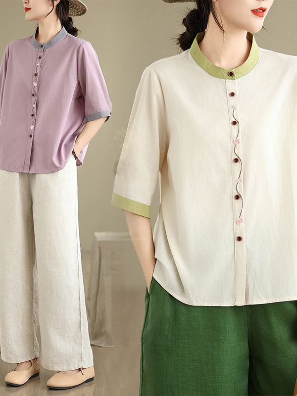 

Loose Fit Cotton Linen irt Women's Large Size Faionable Agel Embroidery Top Artistic Commute Sle ort Sve Button up