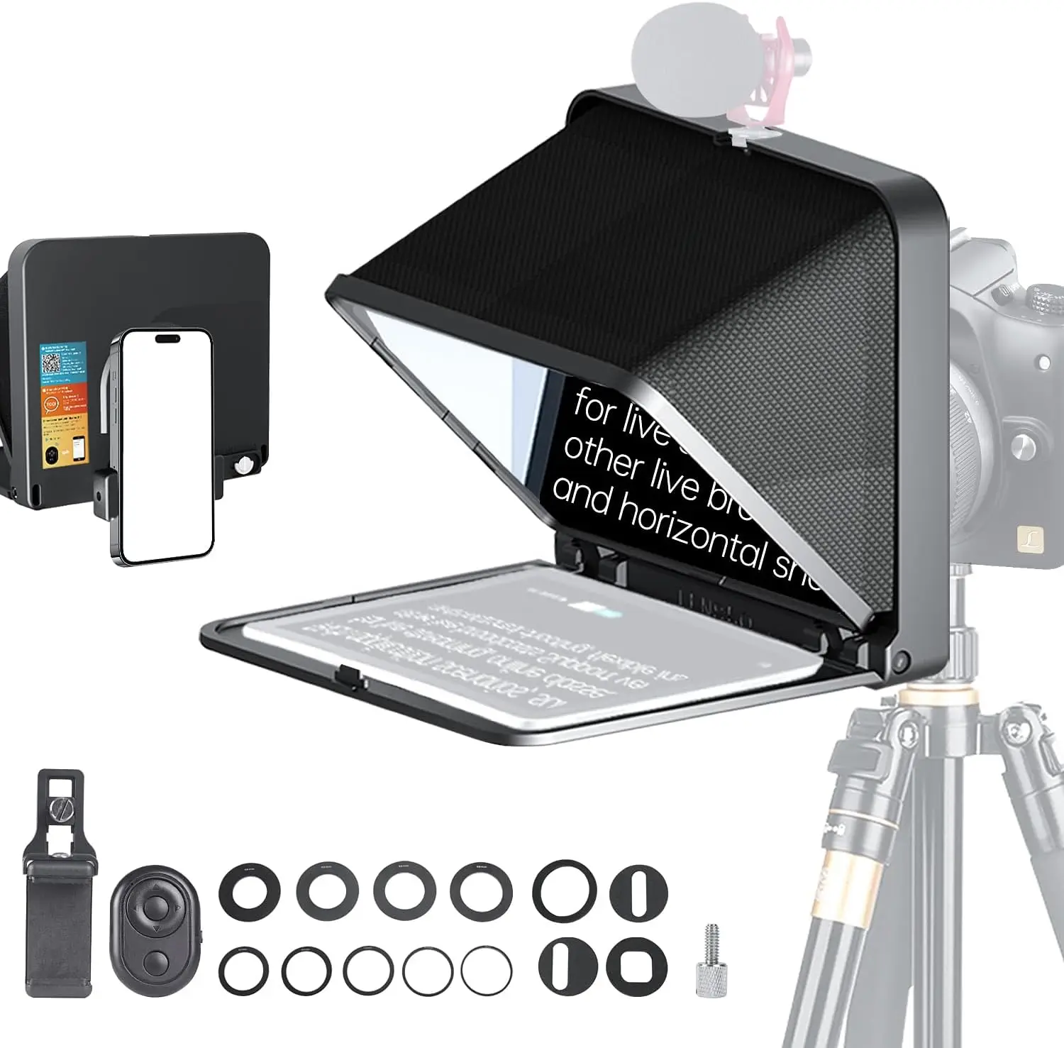 9.7-Inch Teleprompter with Remote Control for Camera, iPad, Tablet & Smartphone; App-Compatible with iOS & Android; Ideal for Online Teaching, Vlogging, Live Streaming, Interviews; Folds in One Second