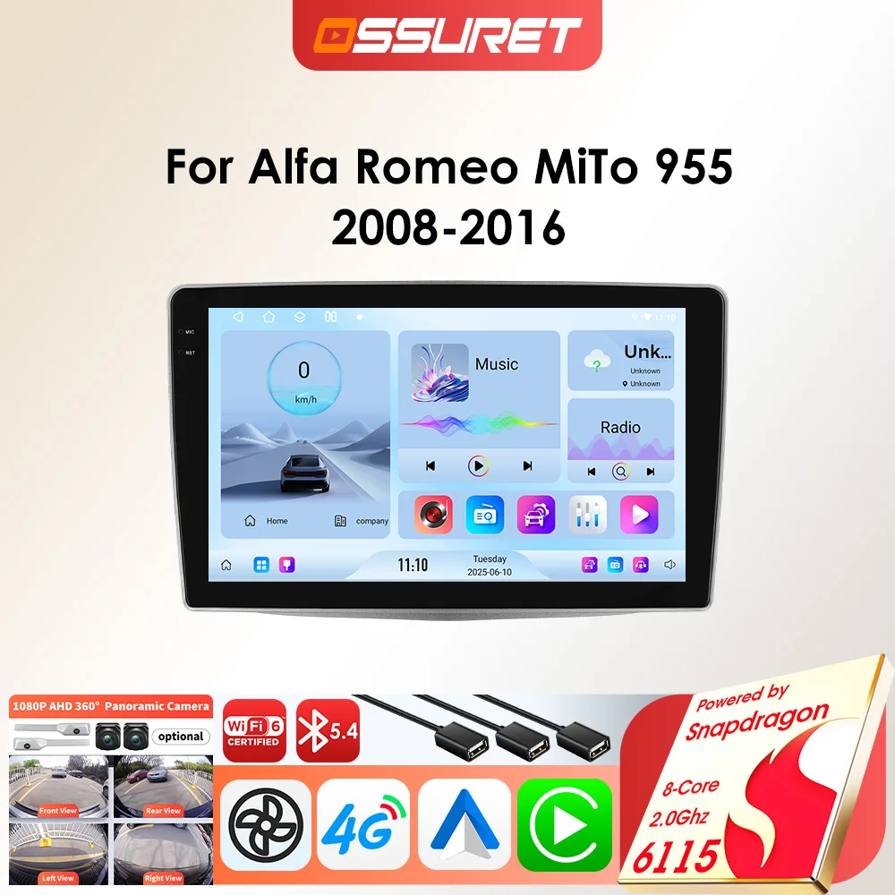 OSSURET 6115 Autoradio Android per Alfa Romeo MiTo 955 2008-2016, Carplay, GPS Auto, 8 Core, Schermo Intelligente