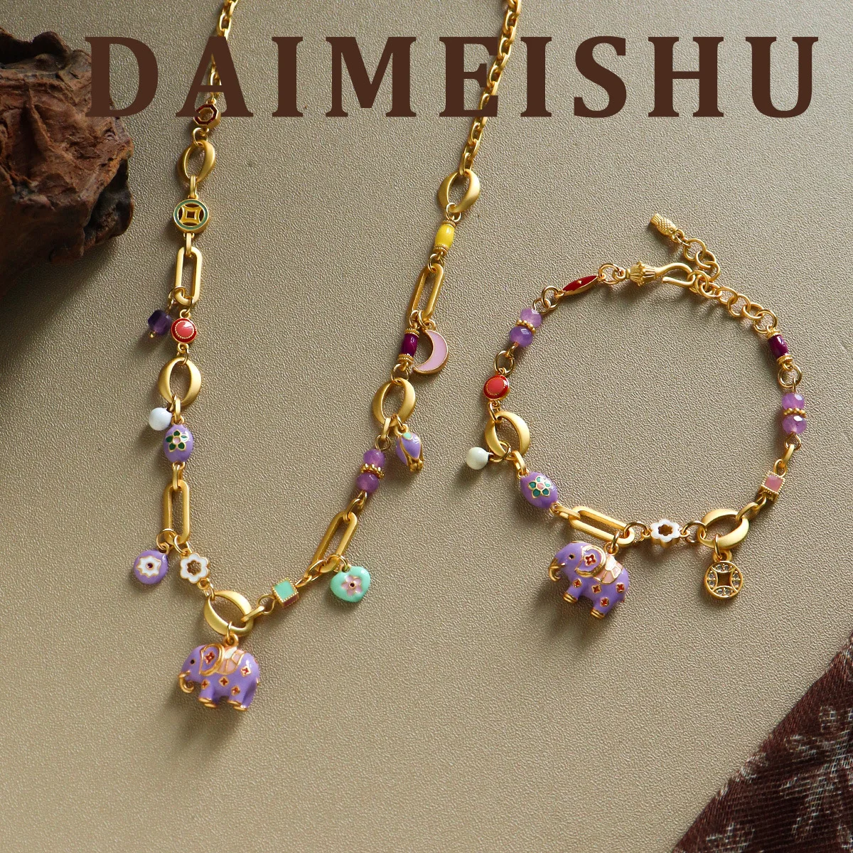 

Exquisite Enamel Flower Baby Elephant Amethyst Pendant Necklace,women's Light Luxury Collarbone Chain