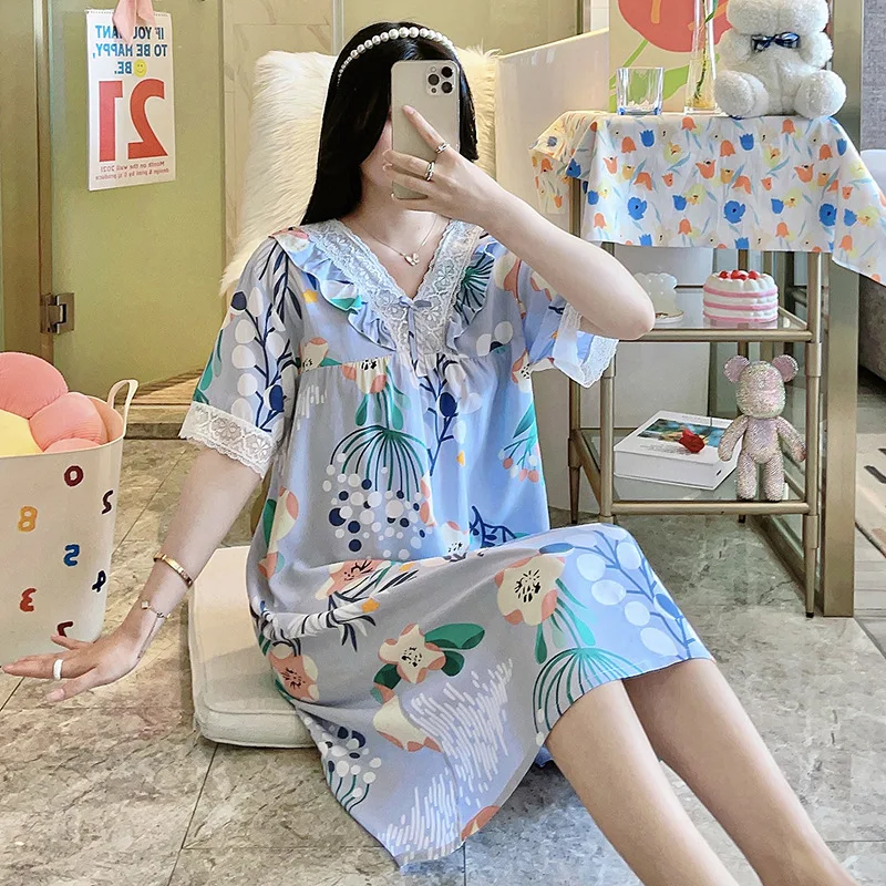 Sexy Lace Edge V-Neck Nightwear for Women Summer Thin Short Sleeve Loose Fitting Home Wear Sweet Printed Casual Dress Nightgown