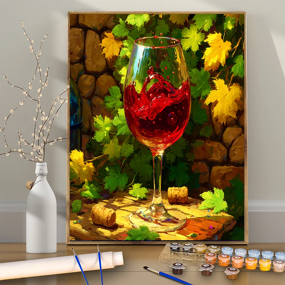 

1Pcs Red Wine Splash beside Stone Wall DIY Acrylic Digital Painting Kit For Beginners Home Wall Decor Frame Not Included