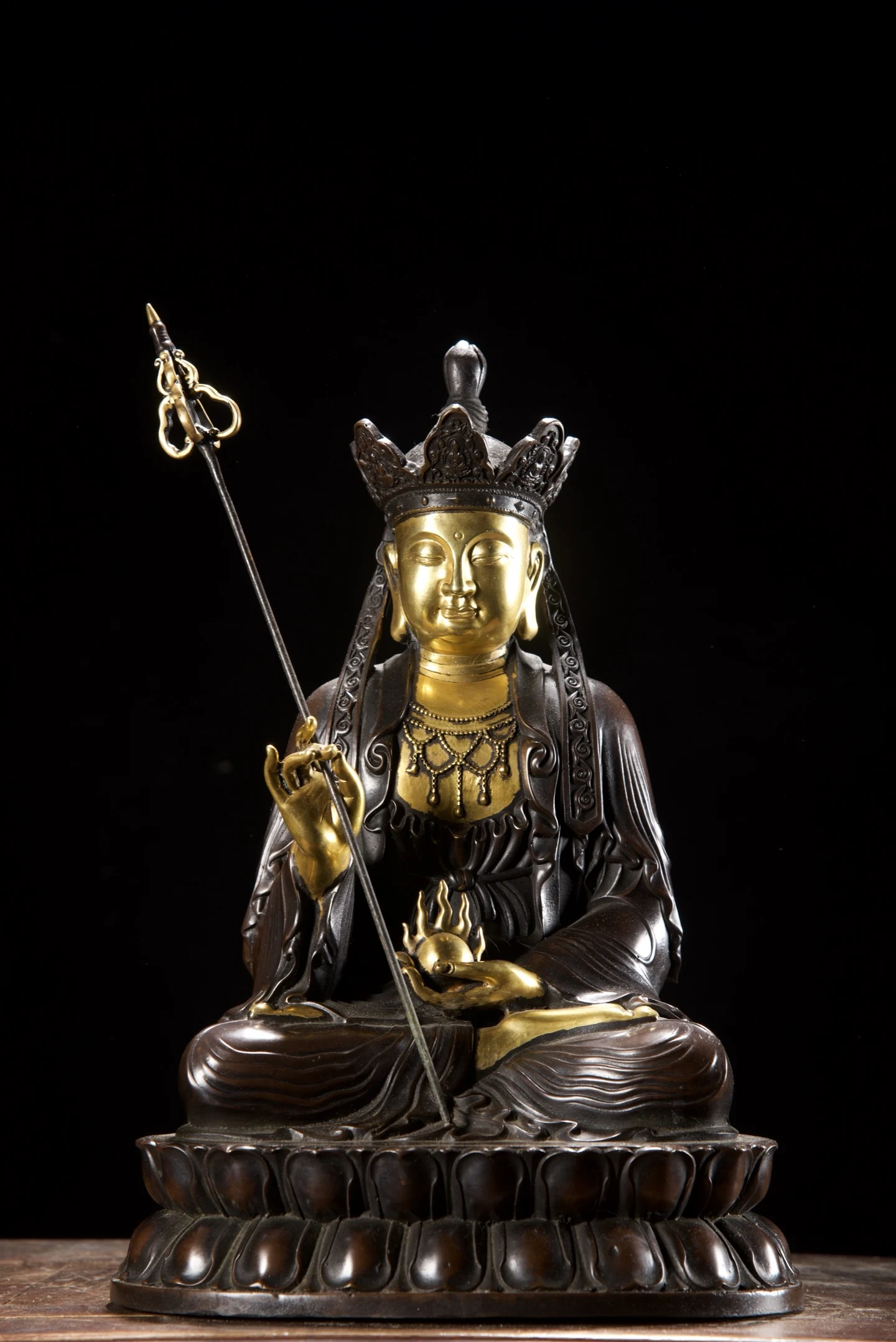Old Bronze Gilded real gold Cinnabar High relief Kṣitigarbha Bodhisattva Sitting Buddha Amitabha Lotus Terrace Worship Hall
