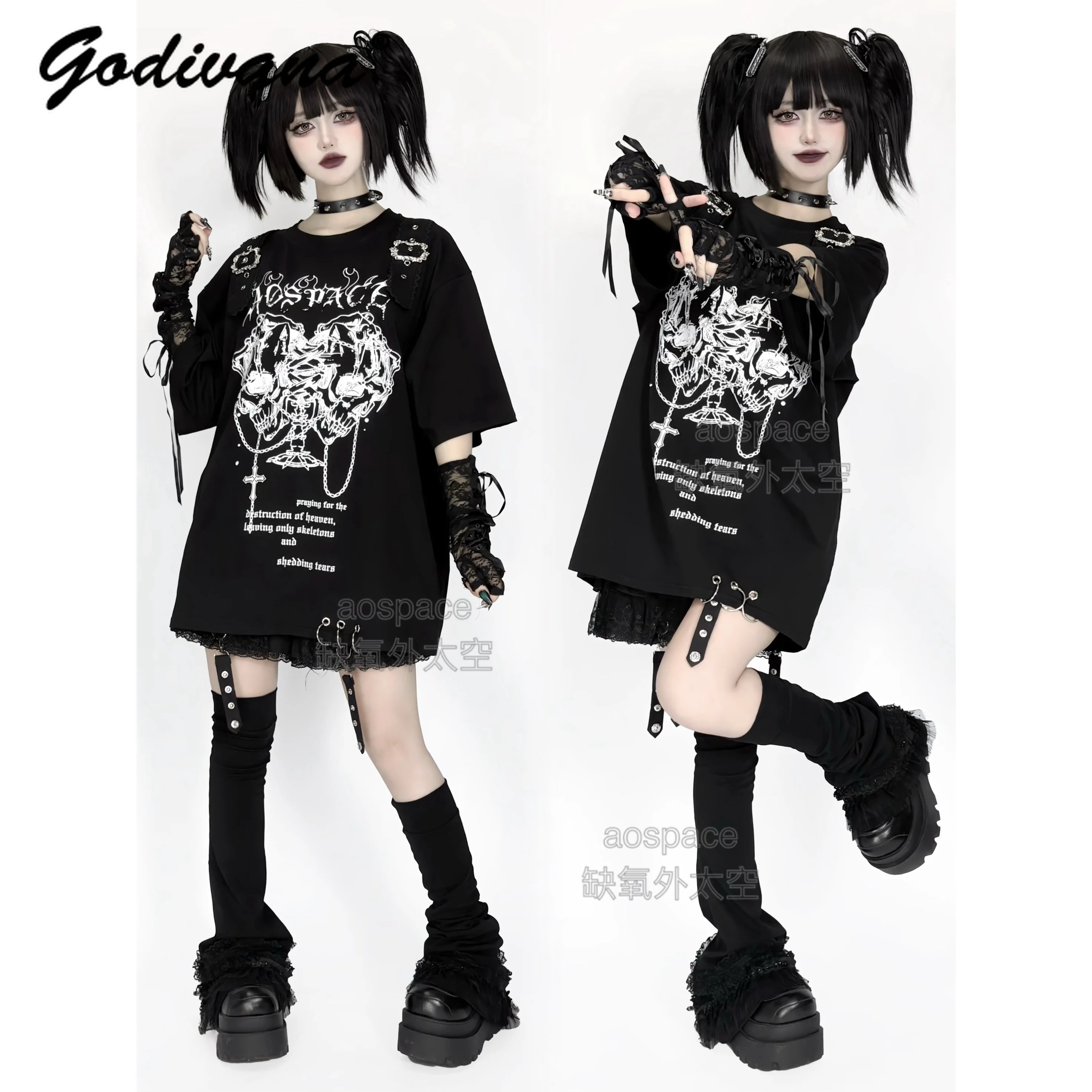 Original Y2K Subculture Japanese Mining Punk Skull Print Dark Short Sleeve T-shirt Female Goth Casual Tee Shirt Harajuku Tops