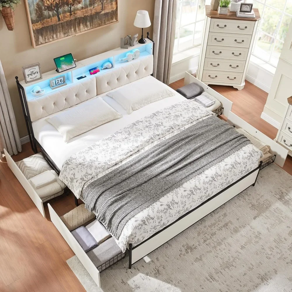 King Bed Frame with Storage Upholstered Headboard and 4 Drawers, Farmhouse Metal Platform Bed w/LED Lights & Charging Station