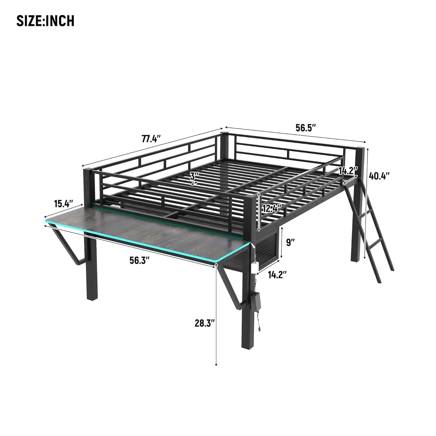 Full Size Low Loft Bed with Desk, Metal Gaming Loft Bed with LED Lights and Under Bed Space, Heavy-Duty Gaming Low, Customized