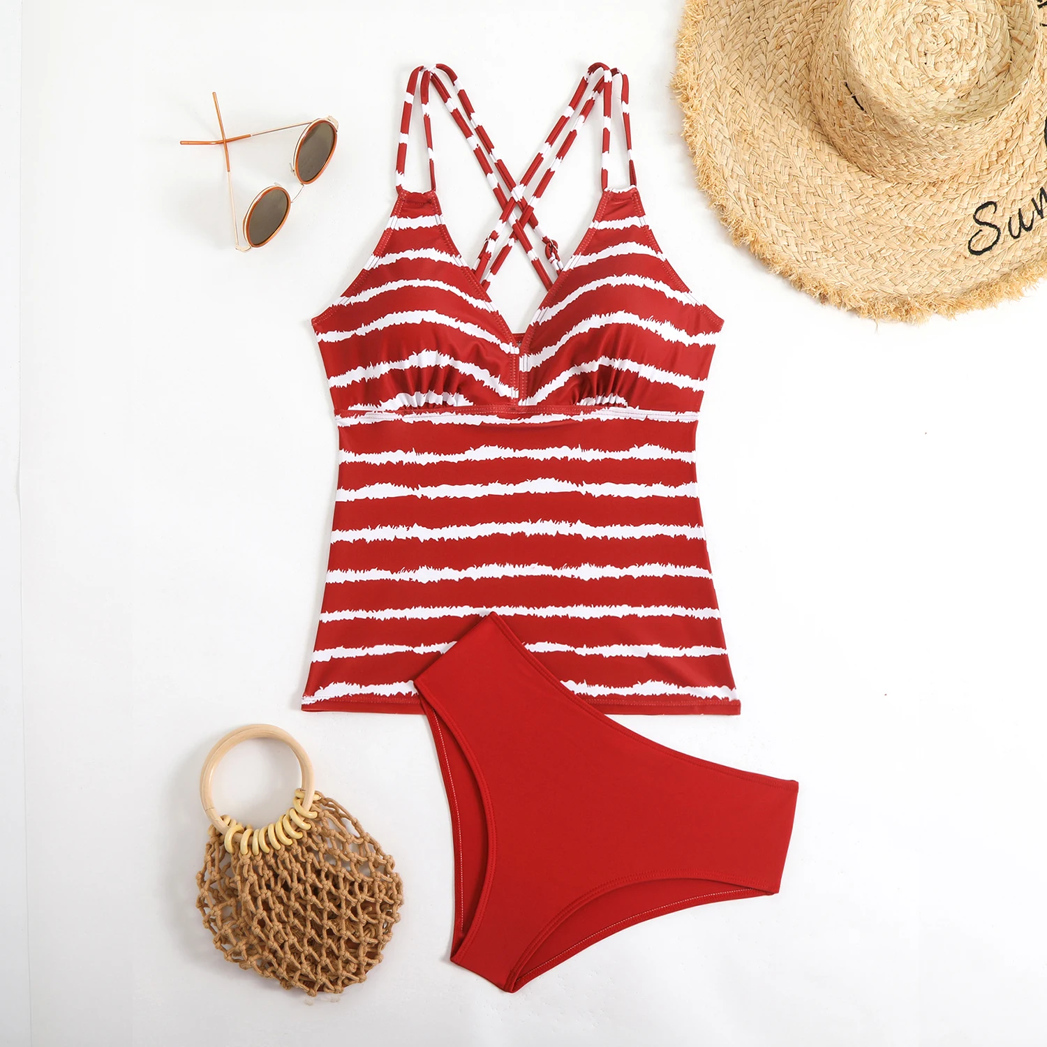 2026 Strappy Tankini Set Two Pieces Swimsuit Women Striped Swimwear Female Bathers Bathing Swimming Swim Suit Beachwear XXL image 3