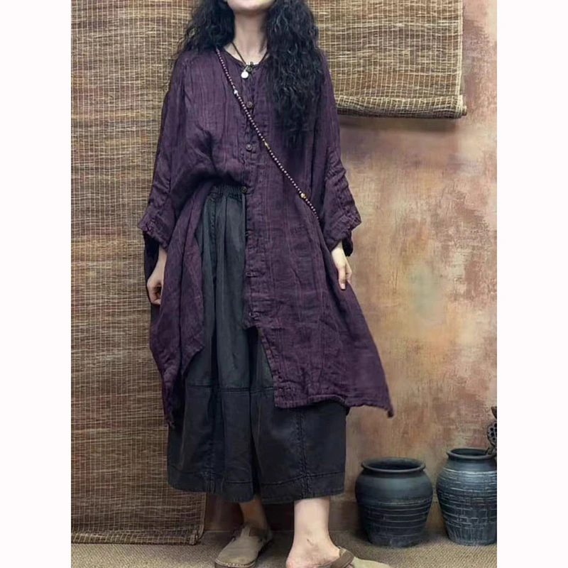 Primavera verão artes estilo feminino batwing manga camisa de comprimento médio único breasted vintage listrado algodão linho blusa boa qualidade