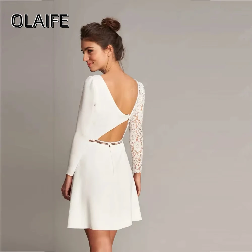 Olaife Elegant Short Wedding-Dress Scoop Long Sleeve Lace Satin Backless Bridal Gown vestidos de novia