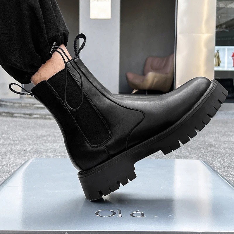 

large size mens fashion chelsea boots black trend original leather shoes high top cowboy platform boot handsome long botas mans