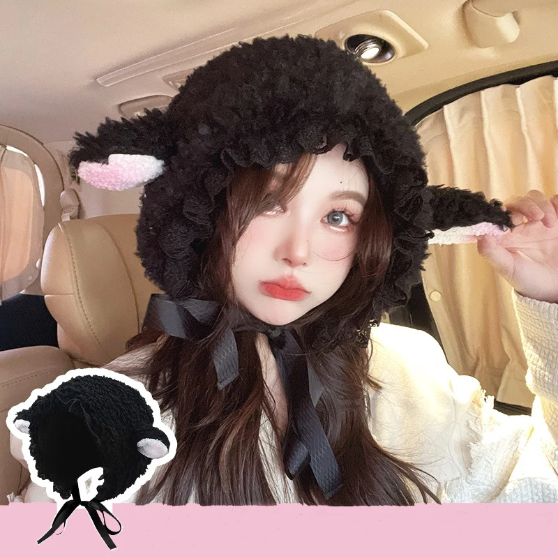 Winter Women Hat Solid Color Photo Prop Sheep Ear Decor Fluffy Thick Ladies Hat Keep Warm Windproof Adjustable Female Hat