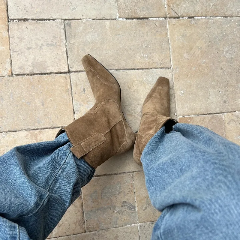 Vintage Western Boots 2025 Autumn New Square Head Suede Ankle Boots Popular Short Boot Stiletto Women Shoes Botas Mujer