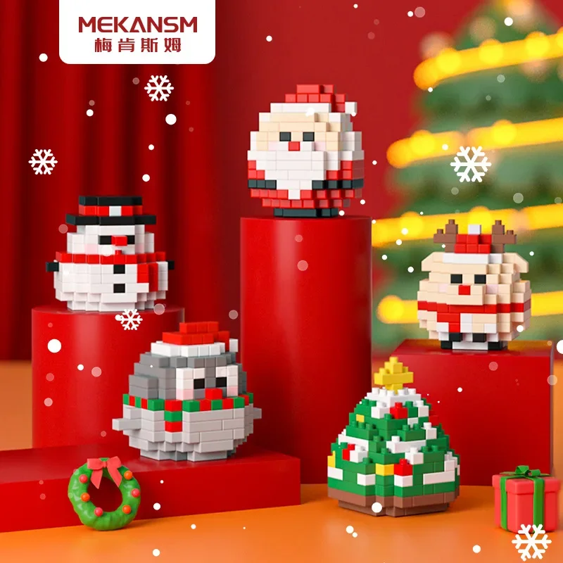 Christmas Micro Building Blocks Cute Snowman Tree Santa Demon 3D Model MOC Penguin Mini Brick Figure Toys For Home Decor