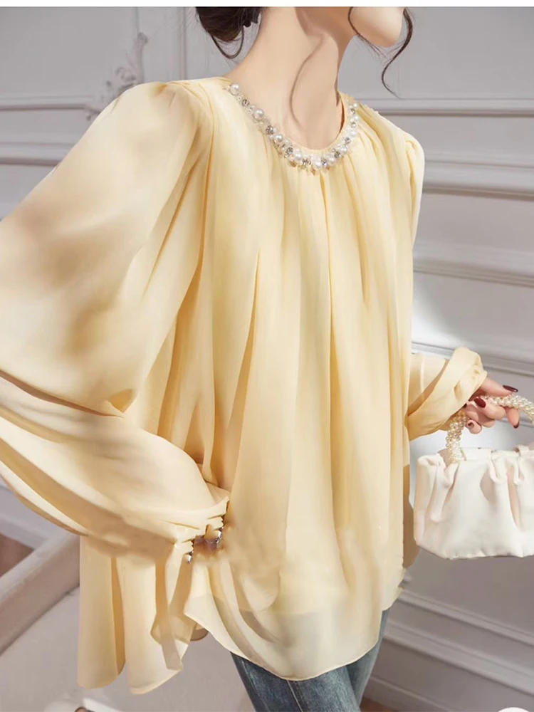 

Тяжелая однотонная рубашка с длинными рукавами и круглым вырезом, расшитая бисером, осень 2022, новая элегантная модная свободная блузка Джокер.