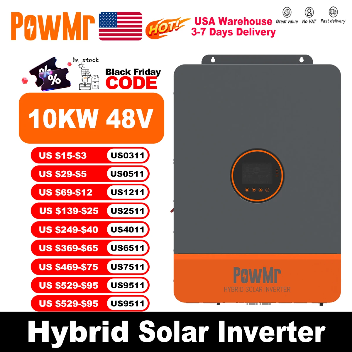 

PowMr Split Phase Hybrid Solar Inverter 10KW Rated Power 120/240VAC Output 48V LithiumBattery Dual MPPT Tracker 200A Charger