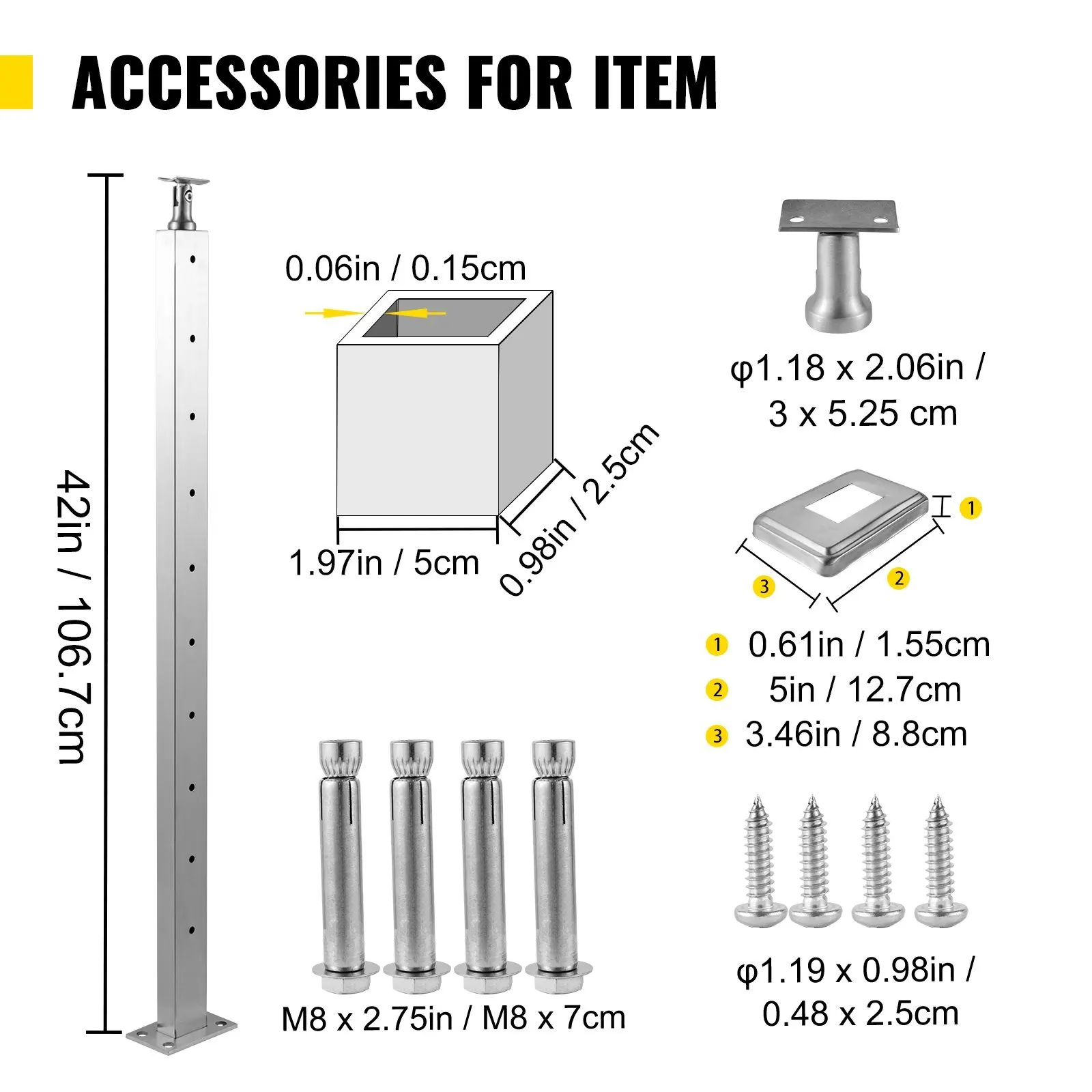 Cable Railing Post Level Deck Stair Post 42 x 0.98 x 1.97