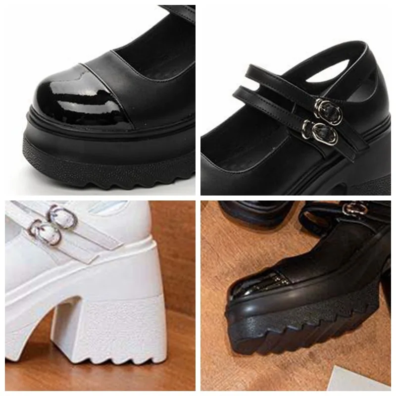 Fujin 10cm Patent Genuine Leather Breathable Pumps Summer Ankle Boots Chunky Heels Mary Jane Buckle Platform Autumn Spring Shoes image 3