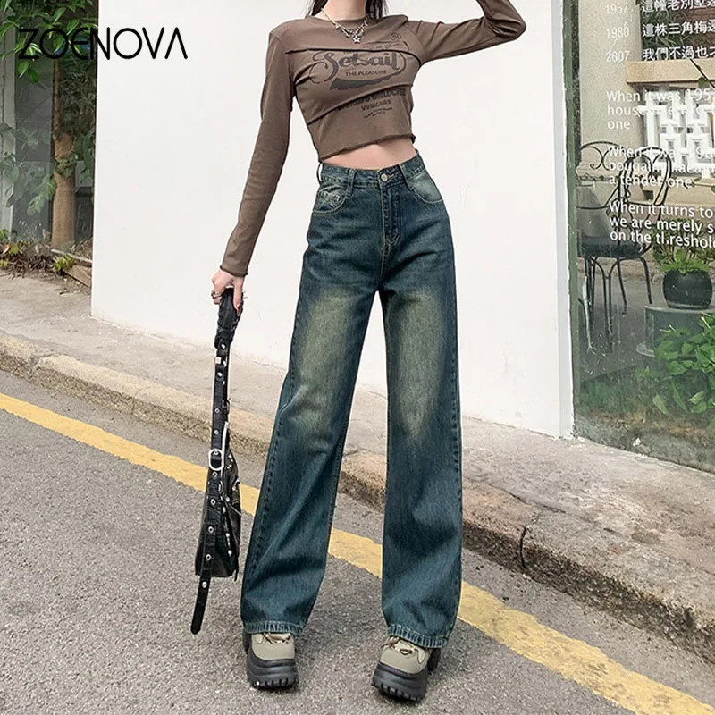 ZOENOVA Nostalgic Wide Leg Pants Women's Jeans Harajuku Street Casual 2024 Spring New Loose Straight Floor Length Denim Trousers