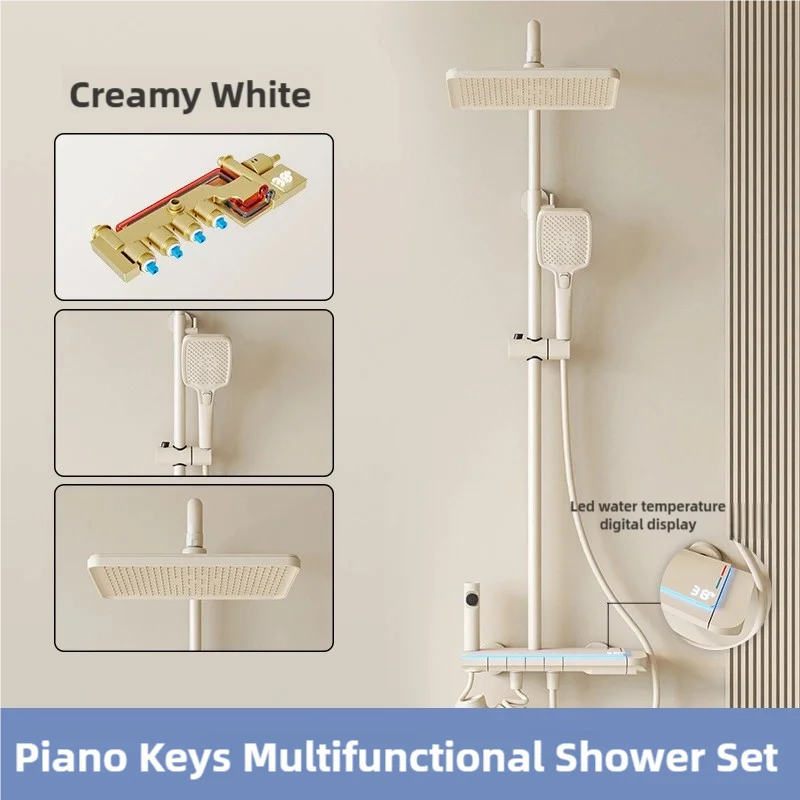Cream Bathroom Shower System Set Intelligent Digital Display  Shower Ambient Light Effect Hotel Home Shower Set