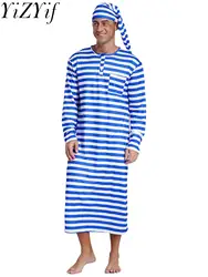 Mens Christmas Striped Sleep Robe with Night Cap Set Long Sleeve Loose Long Robes Pajamas Male Nightwear Loungewear Sleepwear