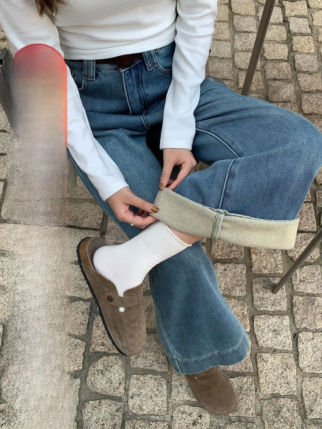 

Retro Fce Lined Loose Women's Jeans High Waist Wide Leg Pants Faionable Korean Sle Autumn Season Ladies Trousers